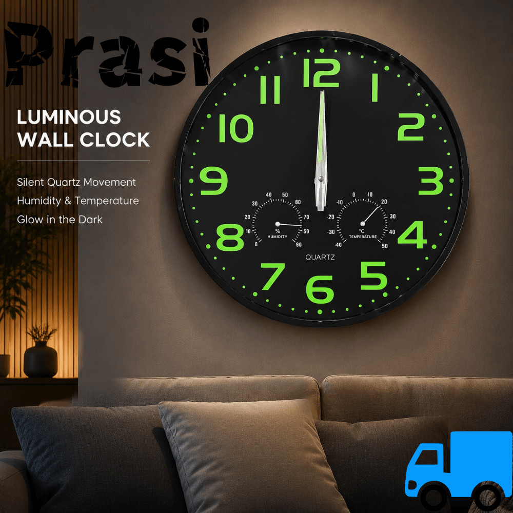 PRASI Glow in the Dark Wall Clock, อุณหภูมิเงียบ Luminous Wall Clock, Modern Humidity Wall Decor Qua