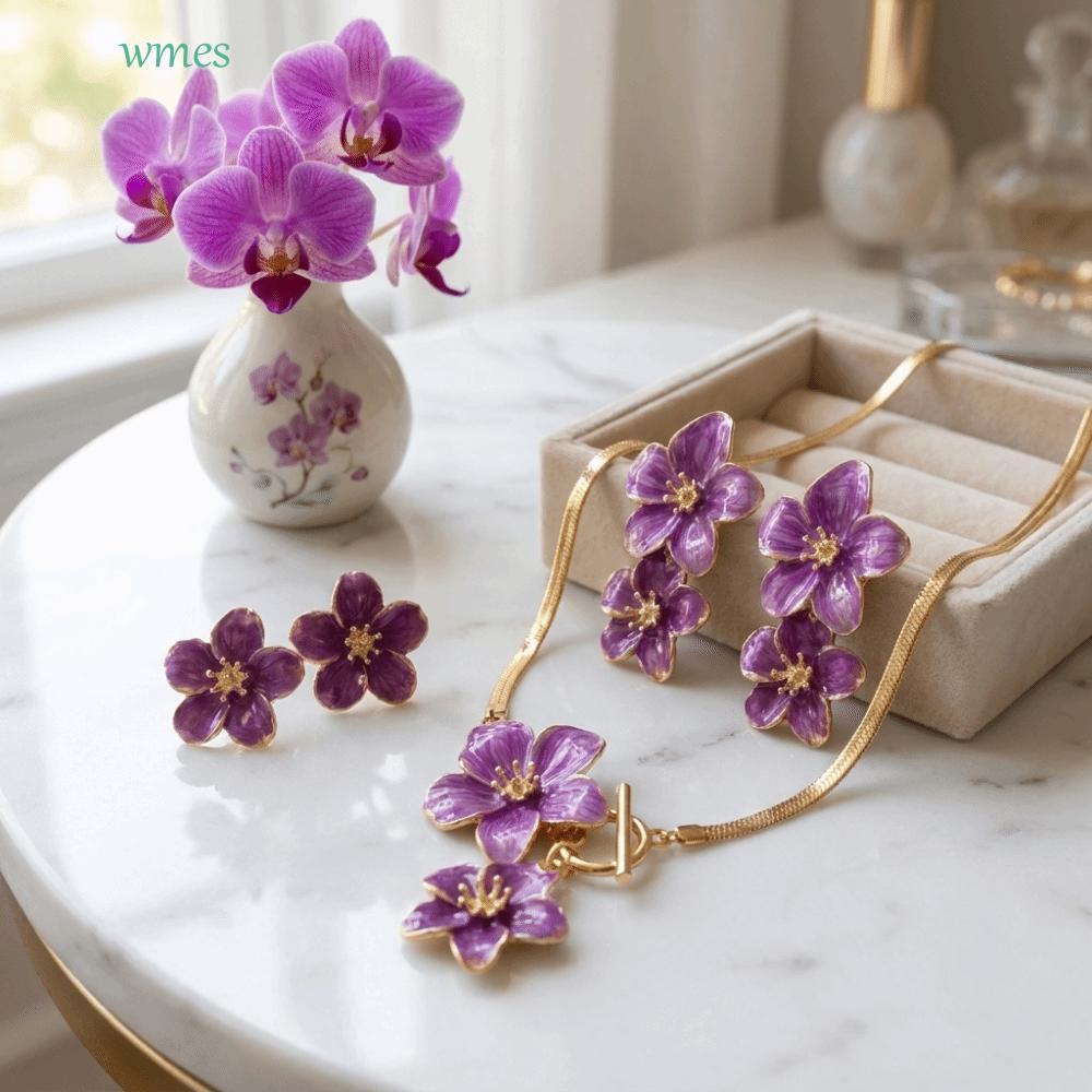 WMES1ZA เคลือบดอกไม้เครื่องประดับชุด, OT Toggle Clasp ทองงูโซ่ดอกไม้สร้อยคอต่างหูชุด, High-End Vibra