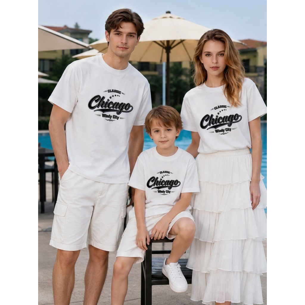 เสื้อยืดแขนสั้นผ้าฝ้ายลายครอบครัว Chicago Windy City - เหมาะสําหรับพ่อแม่และลูก