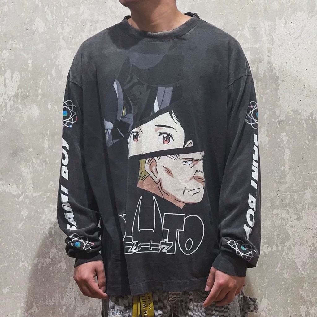 7FAX SAINT MICXXX การ์ตูนตัวอักษรพิมพ์ล้าง Distressed รอบคอแขนยาวเสื้อยืดผู้ชายผู้หญิงสไตล์เดียวกัน