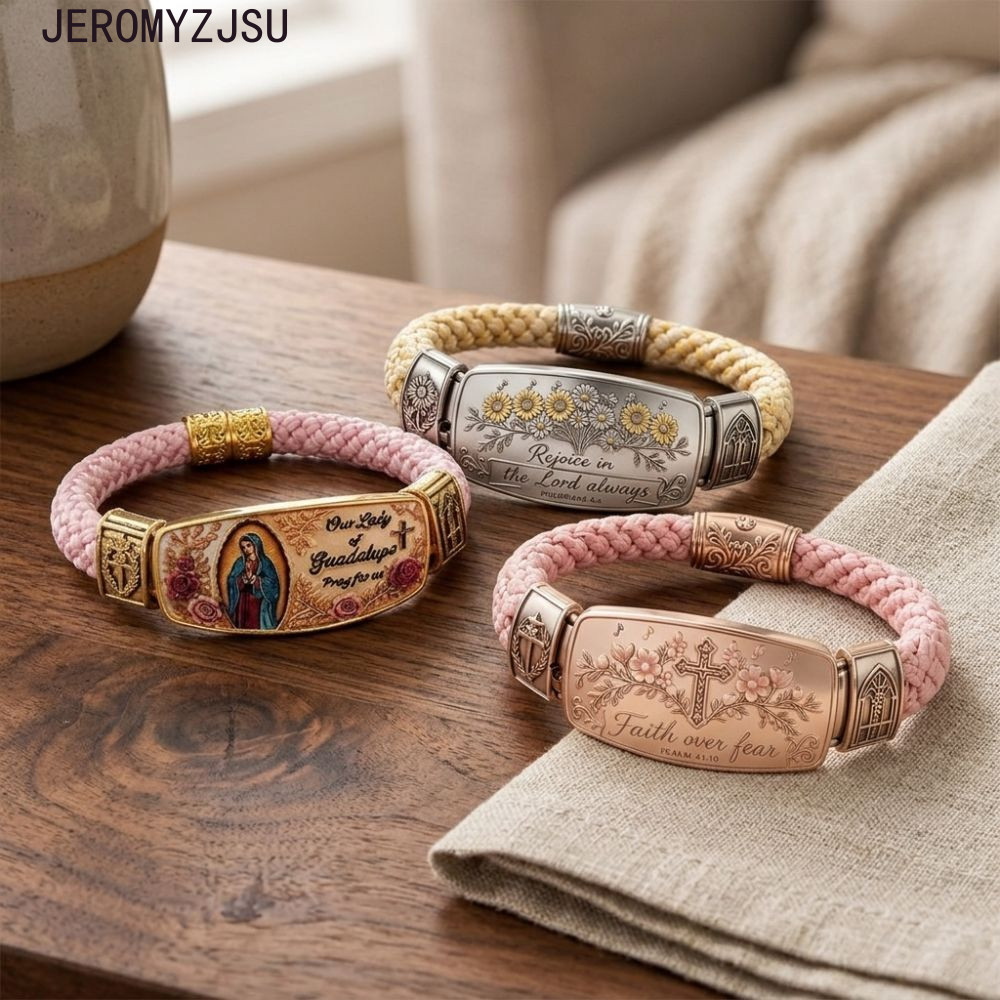 JEROMYZJSU Faith Over Fear Bracelet, Retro Style Stainless Steel Cross Faith Bracelet, Style Bible V