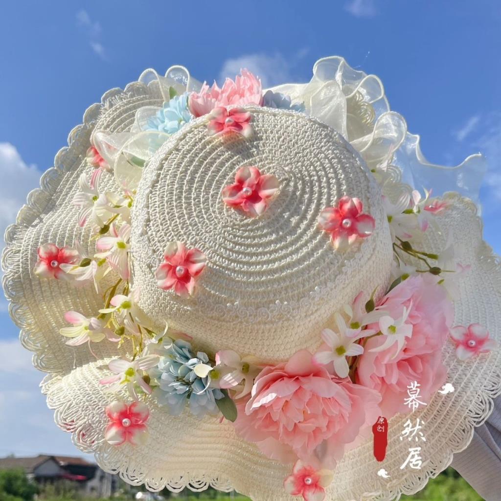 Original Lolita Sun หมวกหมวกฟางดอกไม้เจ้าหญิงชายหาดครีมกันแดด Sun หมวกหมวก Hanfu Match z0823a2
