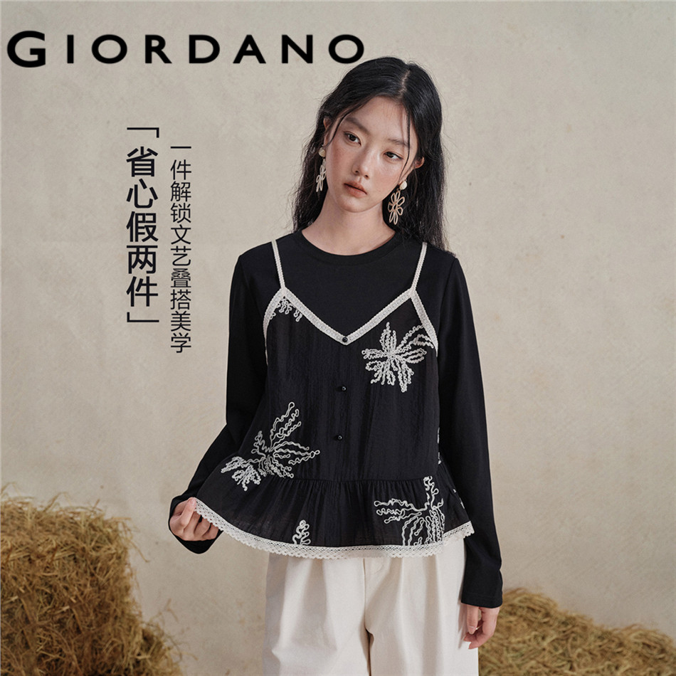 GIORDANO WOMEN Fake two-piece embroidery long sleeve tee 18326717
