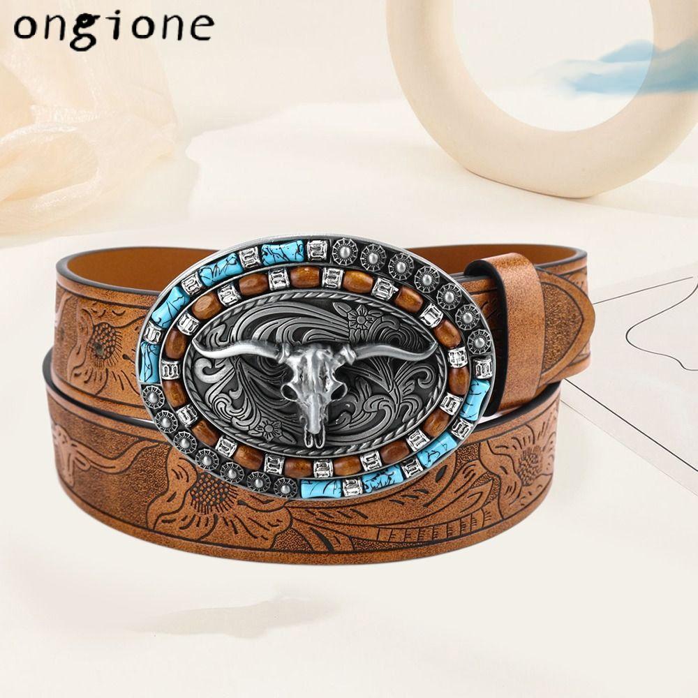 ONGIONE Mens Western Cowboy Belt, Vintage Bull Pattern Buckle Belt, Retro Wide PU Leather Waist Belt
