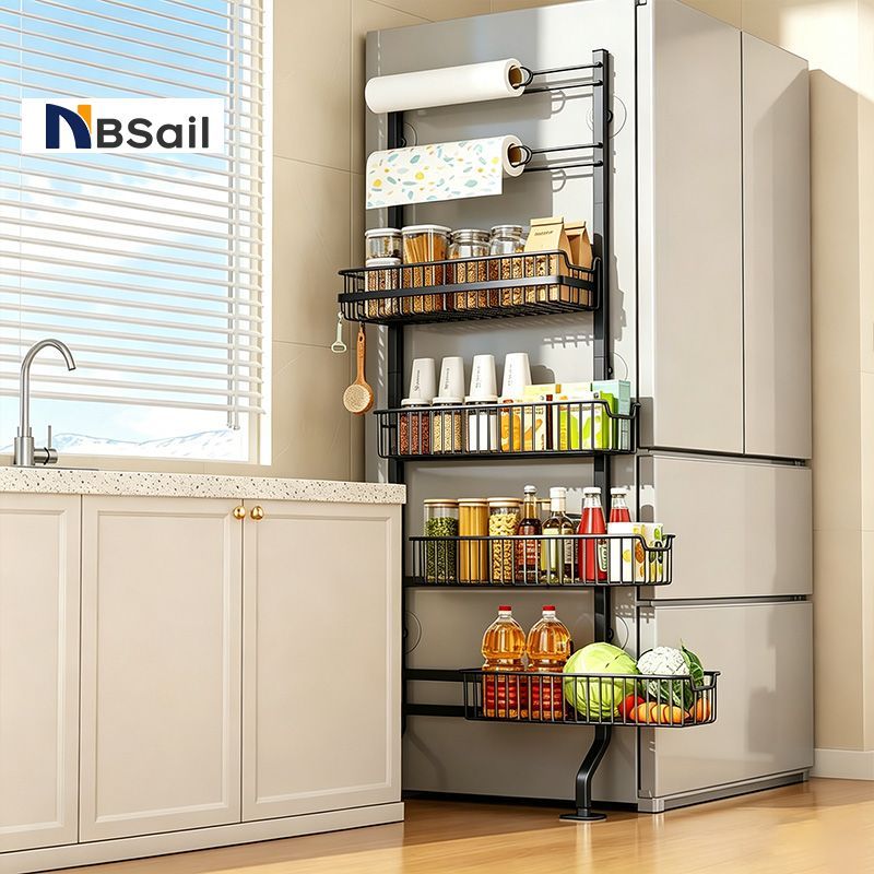 NBSail​​ ชั้นวางของแคบๆ ไม่ต้องเจาะรู ชั้นวางของอเนกประสงค์สำหรับติดข้างตู้เย็น ห้องนั่งเล่น ห้องน้ำ ห้องครัว