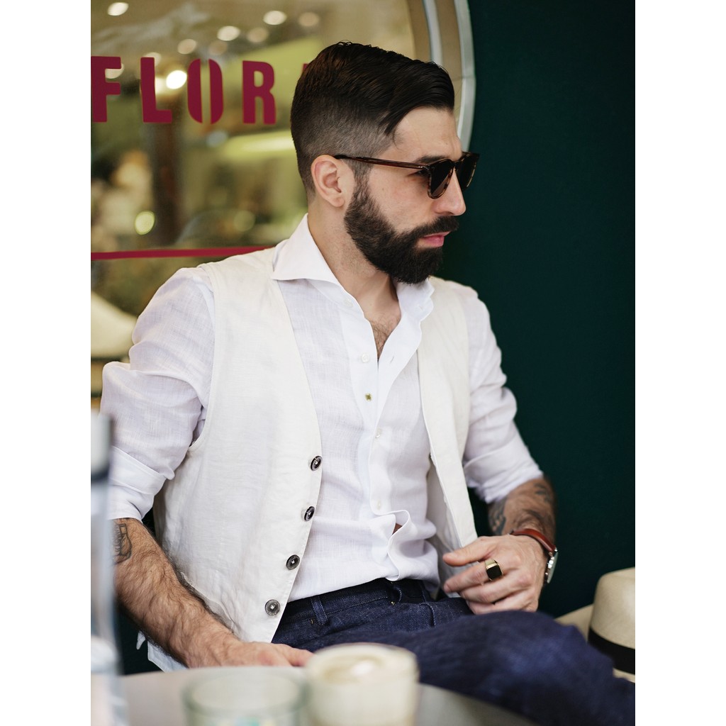 ฤดูใบไม้ผลิฤดูร้อน Retro Yuppie สุภาพบุรุษ NAPOLI Windsor Collar สีทึบแขนยาวผ้าลินินเสื้อล้าง Pitti 