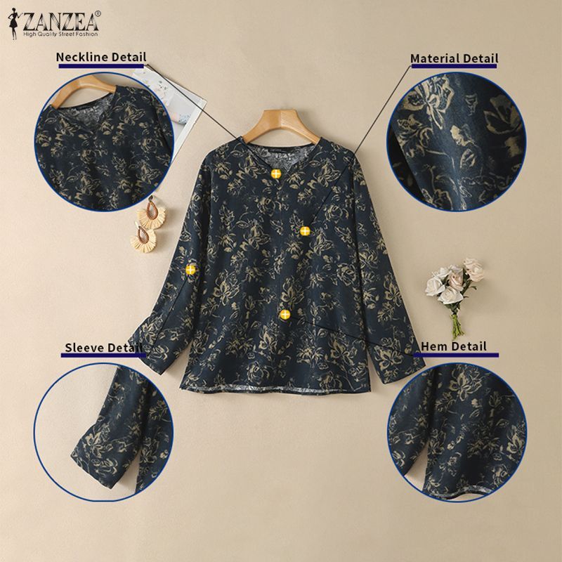 ZANZEA เสื้อยืดพิมพ์ลายคอวีแฟชั่นเกาหลีสําหรับผู้หญิง — صورة 7