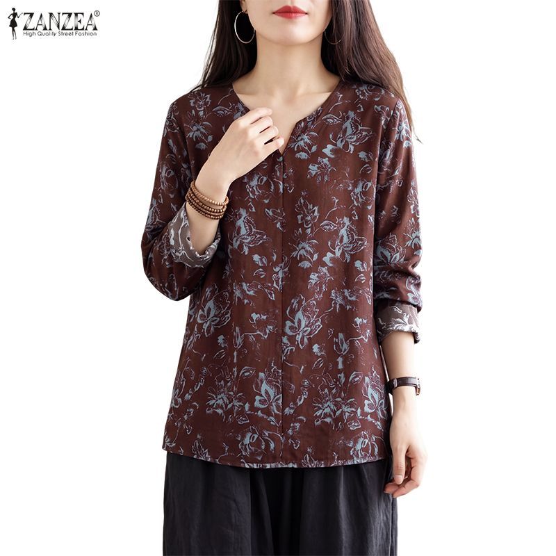 ZANZEA เสื้อยืดพิมพ์ลายคอวีแฟชั่นเกาหลีสําหรับผู้หญิง — صورة 4