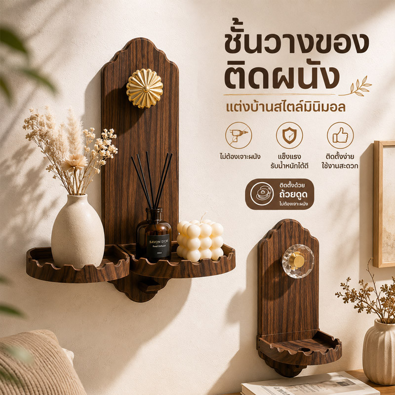 ชั้นวางของติดผนังไม้เนื้อแข็ง สไตล์มินิมอล ไม่ต้องเจาะผนัง ติดตั้งง่ายด้วยถ้วยดูด ใช้จัดเก็บของและตกแต่งบ้าน