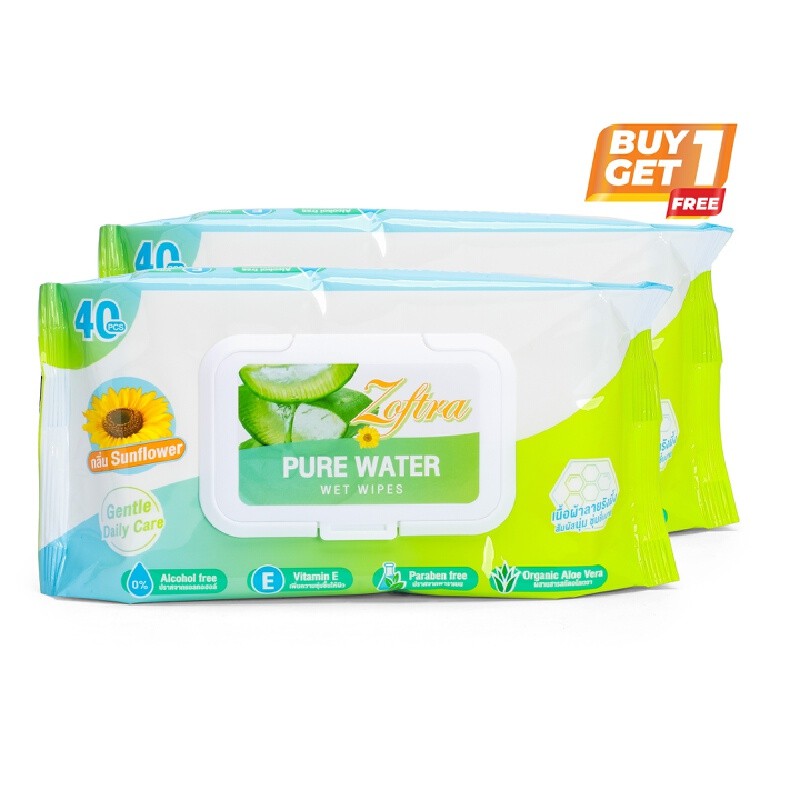 ZOFTRA ทิชชูเปียกทำความสะอาด Pure Water 99% 40 แผ่นต่อแพ็ค 1+1 Pack