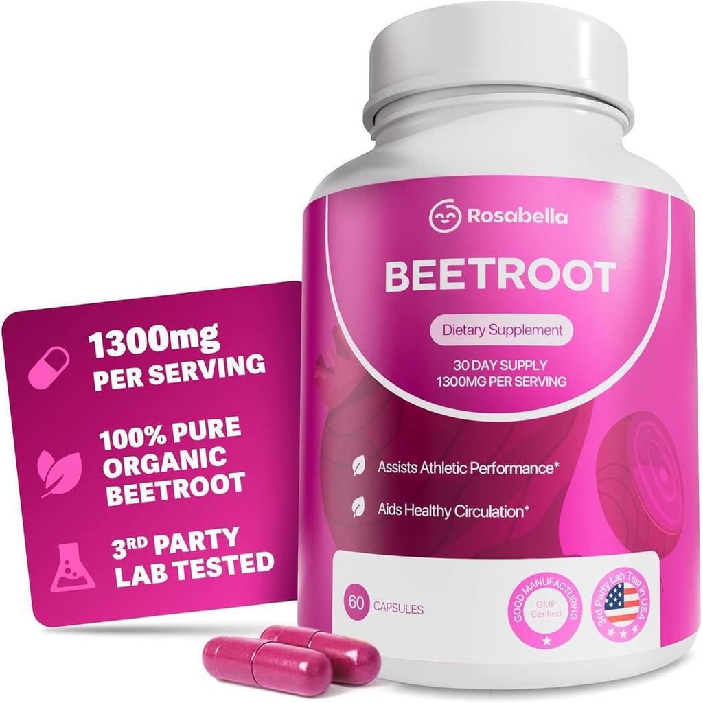 Rosa Bella Organic Beetroot Capsules-1300mg ผงบีทรูทช่วยส่งเสริมการไหลเวียนและพลังเพื่อสุขภาพ,Non-Tr