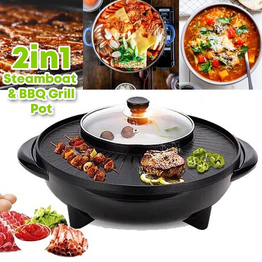 Multifunction Cooking Pot 2 in 1 Electric Korean BBQ Grill With Steamboat Shabu Shabu Stew Hot Pot F