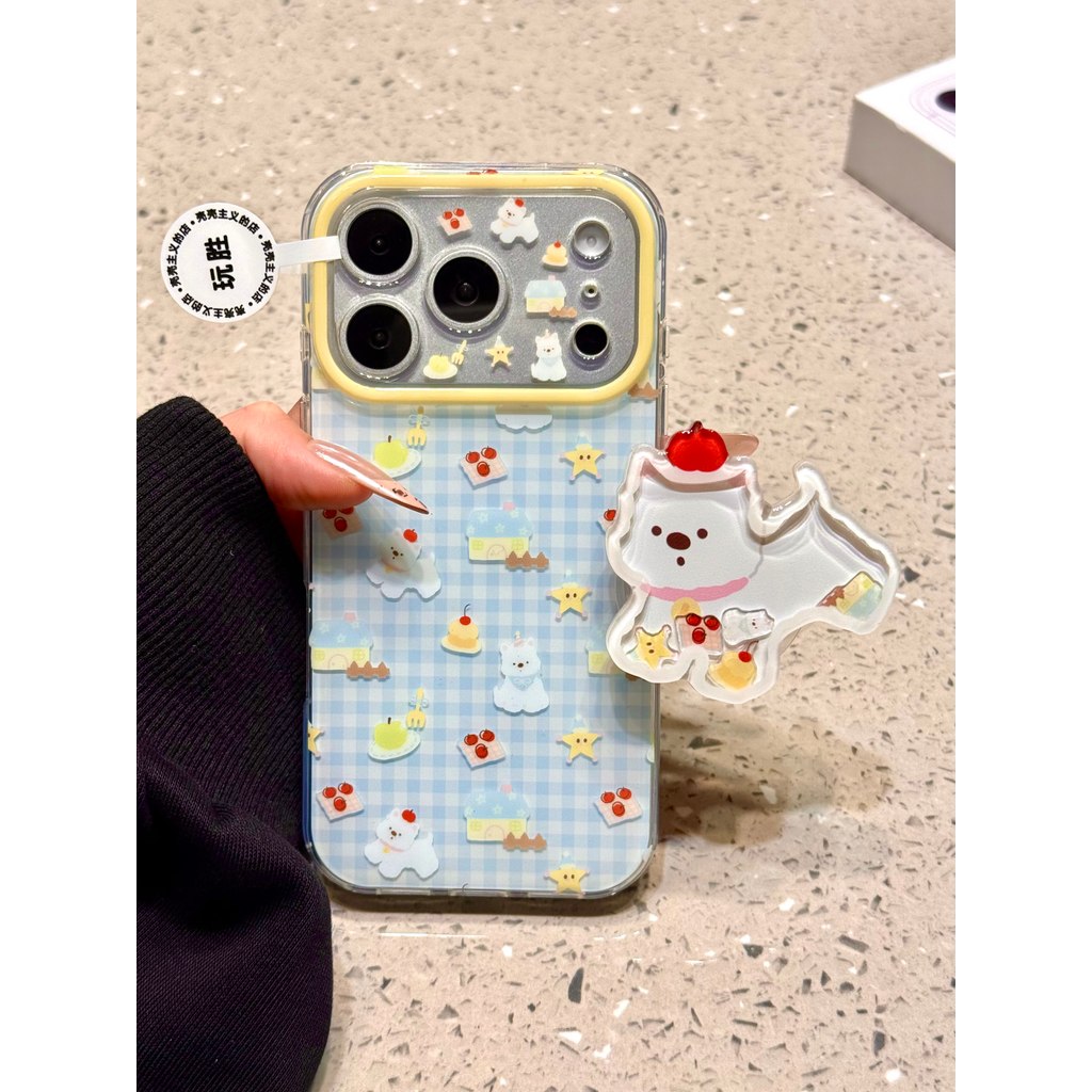 Ins ลายสก๊อตสีขาวสีฟ้า Apple Puppy ขนมเหมาะสําหรับ Apple 17promax เคสโทรศัพท์ iphone16 สไตล์ใหม่ 15p