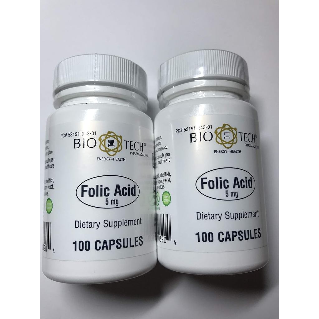 Folic Acid 5mg - BioTech Pharmacal - 100 แคปซูล - แพ็ค 2 ชิ้น