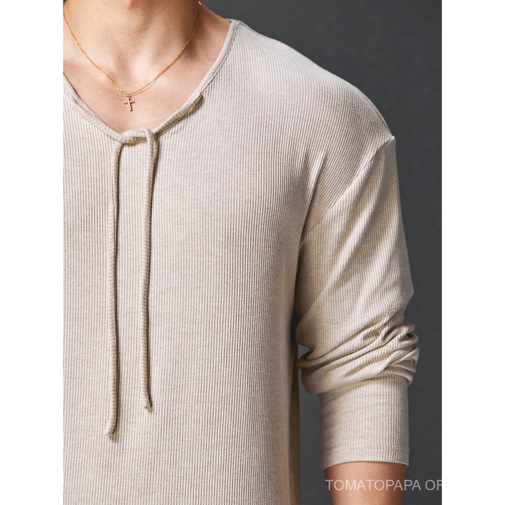 TOMATOPAPA ผู้ชายสไตล์ลําลอง V คอ Laced-Up เสื้อกันหนาวแขนยาว-Bottomingเสื้อ Lyocell ฤดูใบไม้ร่วงกีฬาฟิตเนส — صورة 4