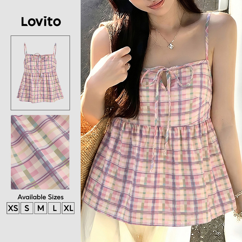 (New Arrival) Lovito เสื้อผู้หญิงสีชมพู ผูกเชือก สไตล์ลําลอง เหมาะสําหรับฤดูใบไม้ผลิและฤดูร้อน TKK8P