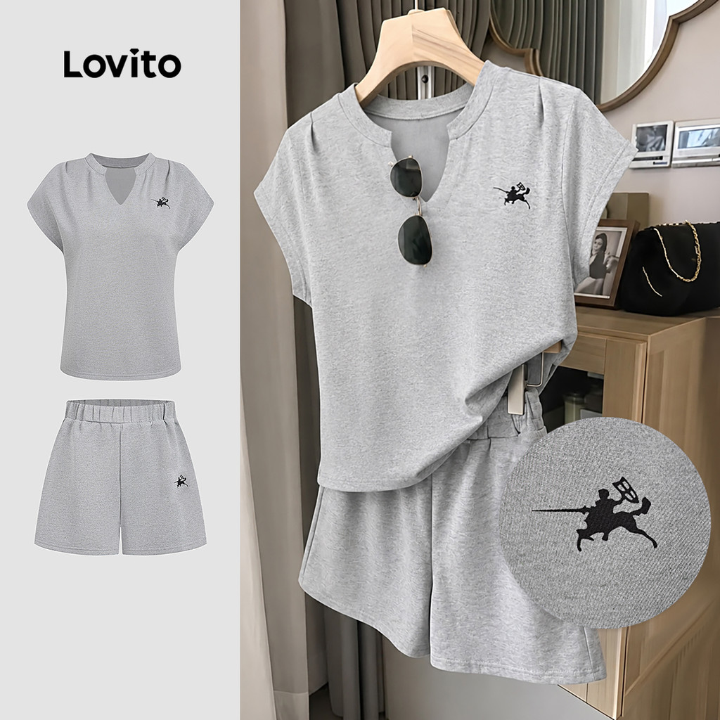 Lovito ชุดกางเกงขาสั้นลําลองปักลาย สีเทา สําหรับผู้หญิง เหมาะสําหรับฤดูใบไม้ผลิและฤดูร้อน SHB198P1D427