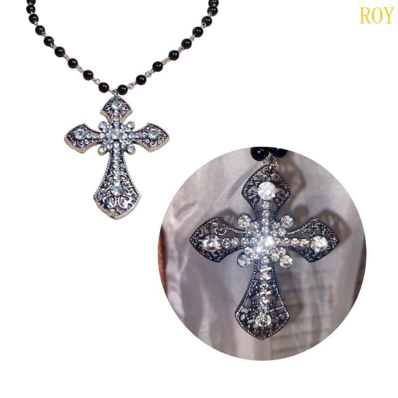 ROY Pearl Beaded Necklace Gothic Punk Cross Necklace Retro Cross Pendant Necklace