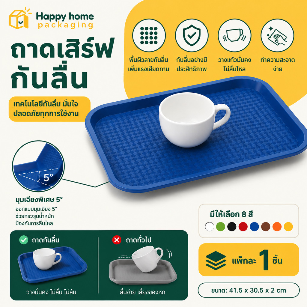 ถาดเสิร์ฟอาหาร กันลื่น หนาพิเศษ PP ขนาด 30.5x41.5 ซม. วางแก้วไม่ล้ม