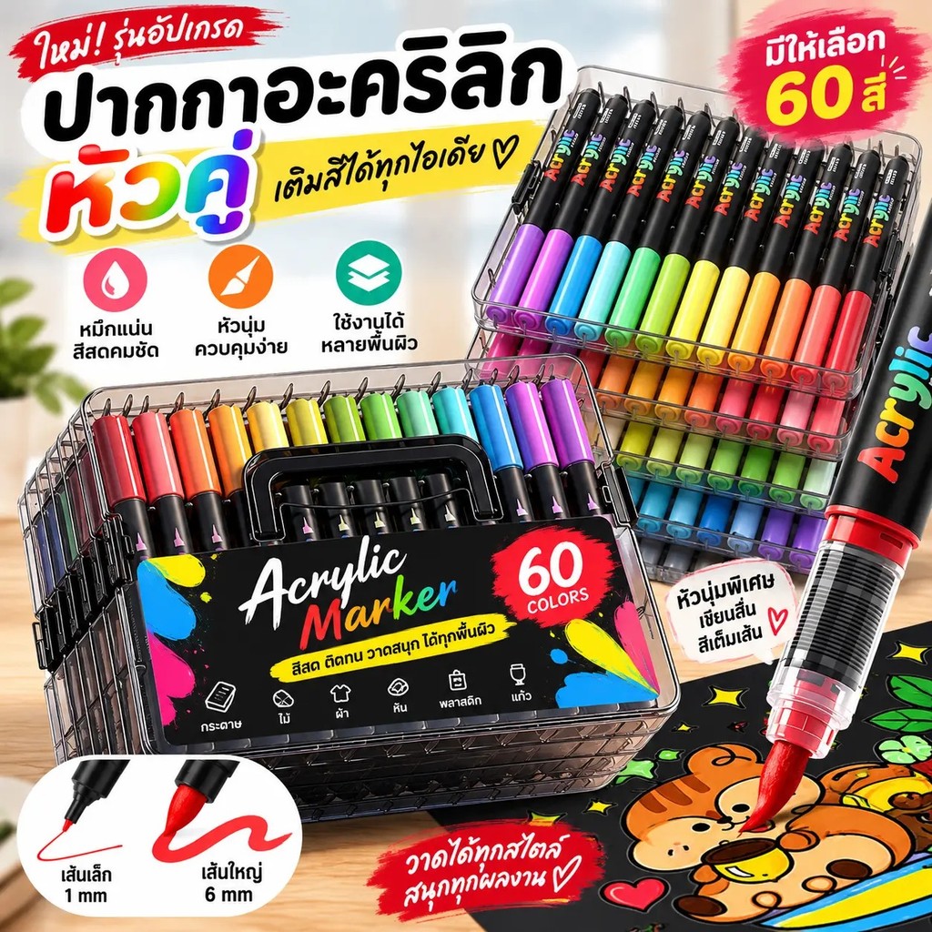 ปากกามาร์กเกอร์อะคริลิคหัวพู่กัน Acrylic Maker สีอะคริลิค กันน้ำ เขียนได้เกือบทุกพื้นผิว