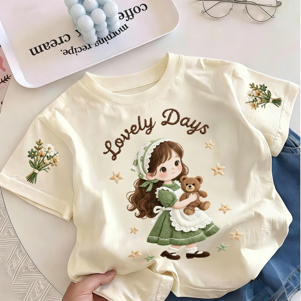 COD Lovely Days สาวน่ารักตุ๊กตาหมีเสื้อยืดเด็กผ้าฝ้ายแขนสั้น Faux เย็บปักถักร้อยพิมพ์สําหรับสาว 1-14