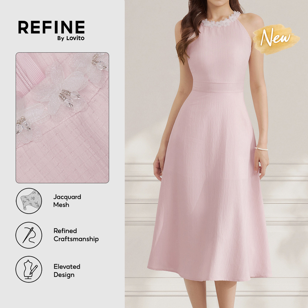 (New Arrival) (Refine by Lovito) เดรสสีชมพูสำหรับผู้หญิงแบบเป็นทางการ คอระบาย สองชั้น ทรงเอแบบยาว ดี