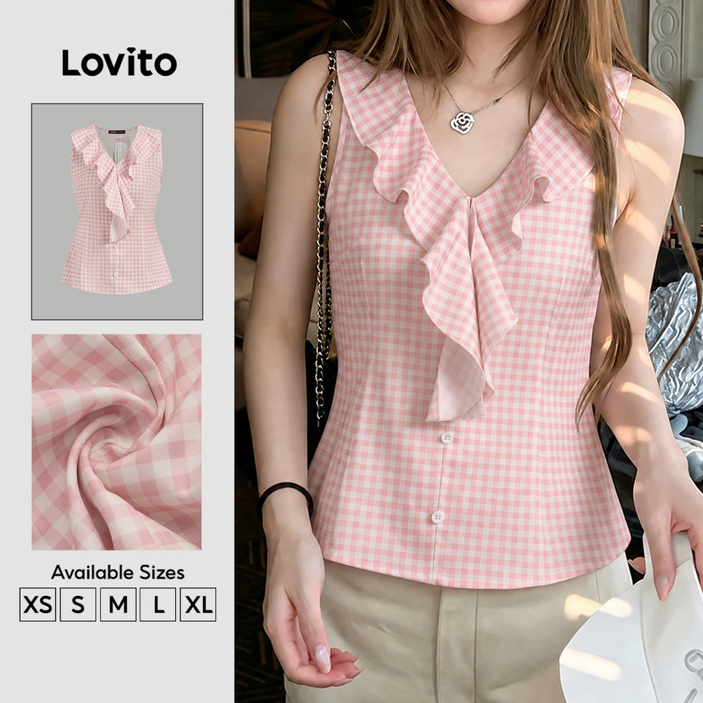 Lovito เสื้อผู้หญิงลําลอง ลายไม่สมมาตร ชายระบาย ฤดูร้อน/ใบไม้ผลิ TKK8P1D952