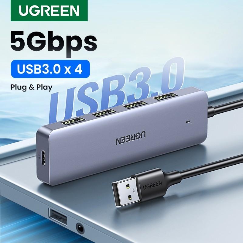 UGREEN ฮับ 4 พอร์ต USB 3.0 ตัวแยกความเร็วสูงบางเฉียบส่วนต่อขยายแบบพกพาสําหรับแฟลชไดรฟ์ MacBook