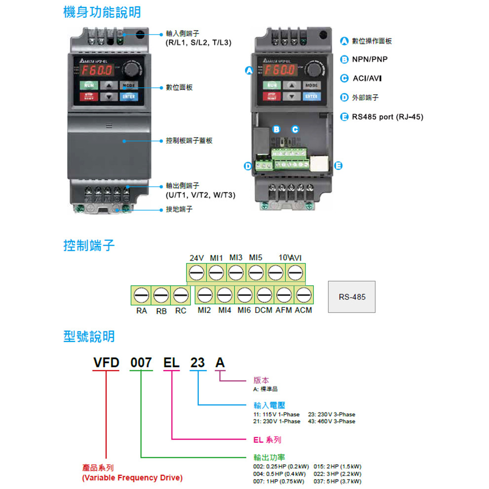 Delta Inverter VFD-EL VFD002/004/007/015/022EL21A/037EL43A