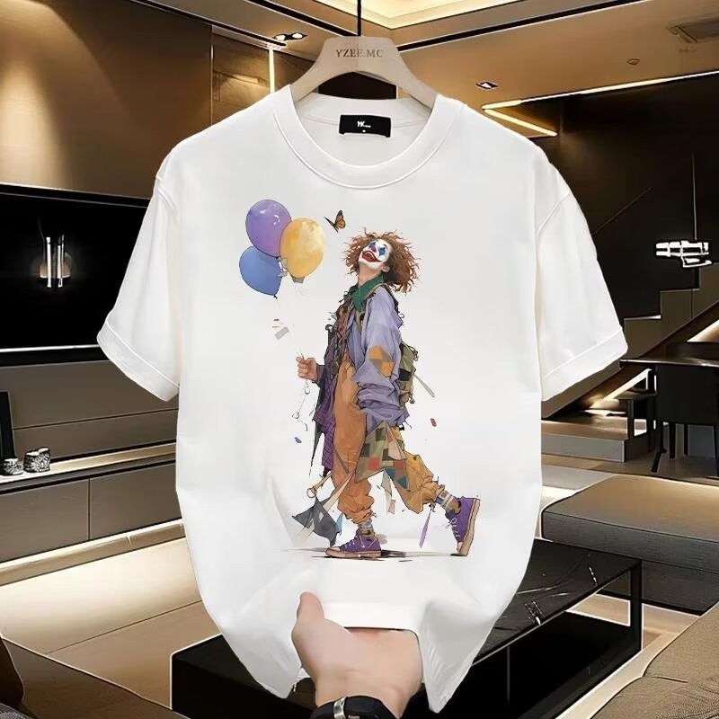 2025 NEW 2025 Hong Kong Style Trendy Brand Clown Print Heavy Fashion Short Sleeve T-Shirt Men 2025 S