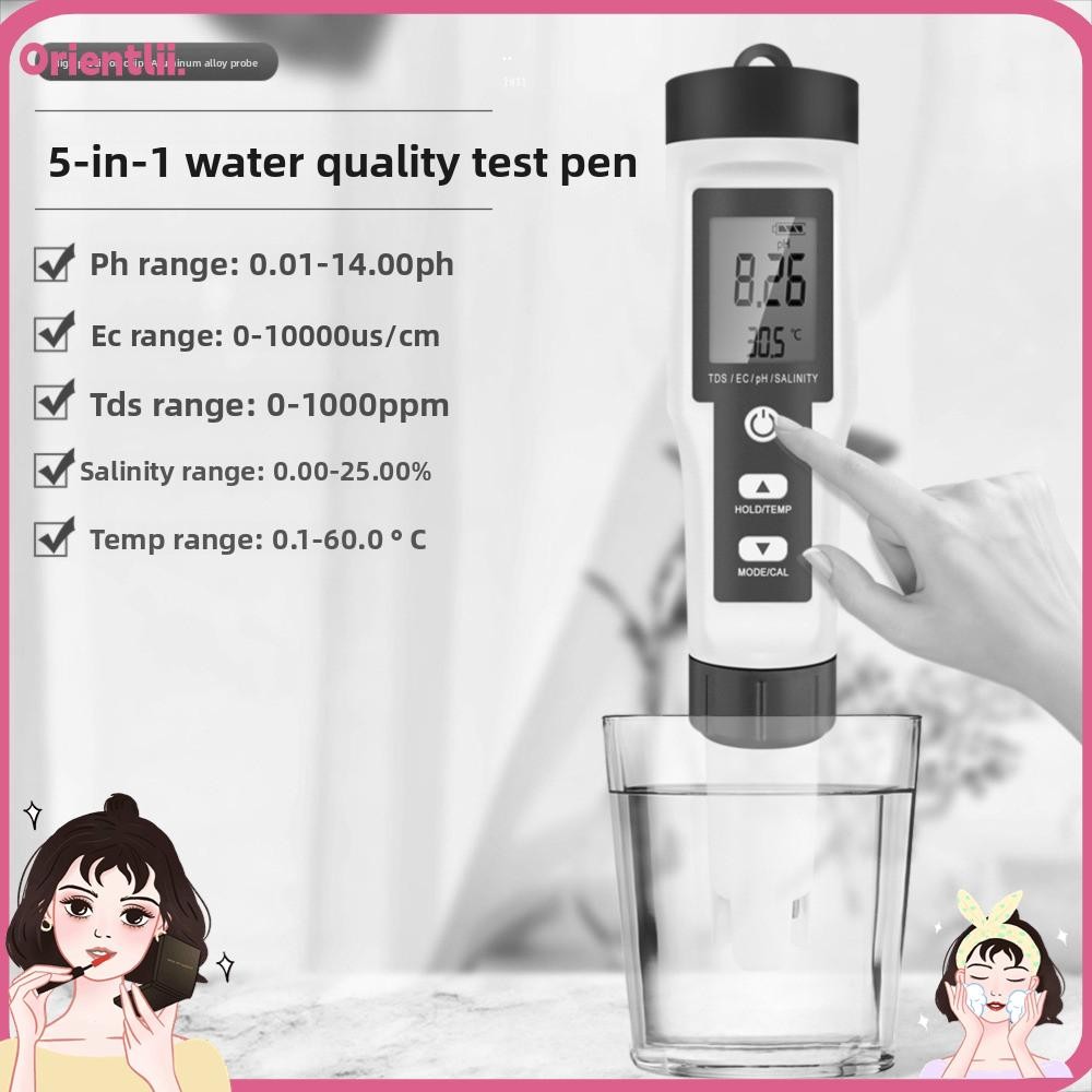 เครื่องทดสอบคุณภาพน้ํา ORIENTTK หน้าจอเรืองแสงขนาดใหญ่ Multi-Parameter Digital TDS Meter, 5 in 1 TDS