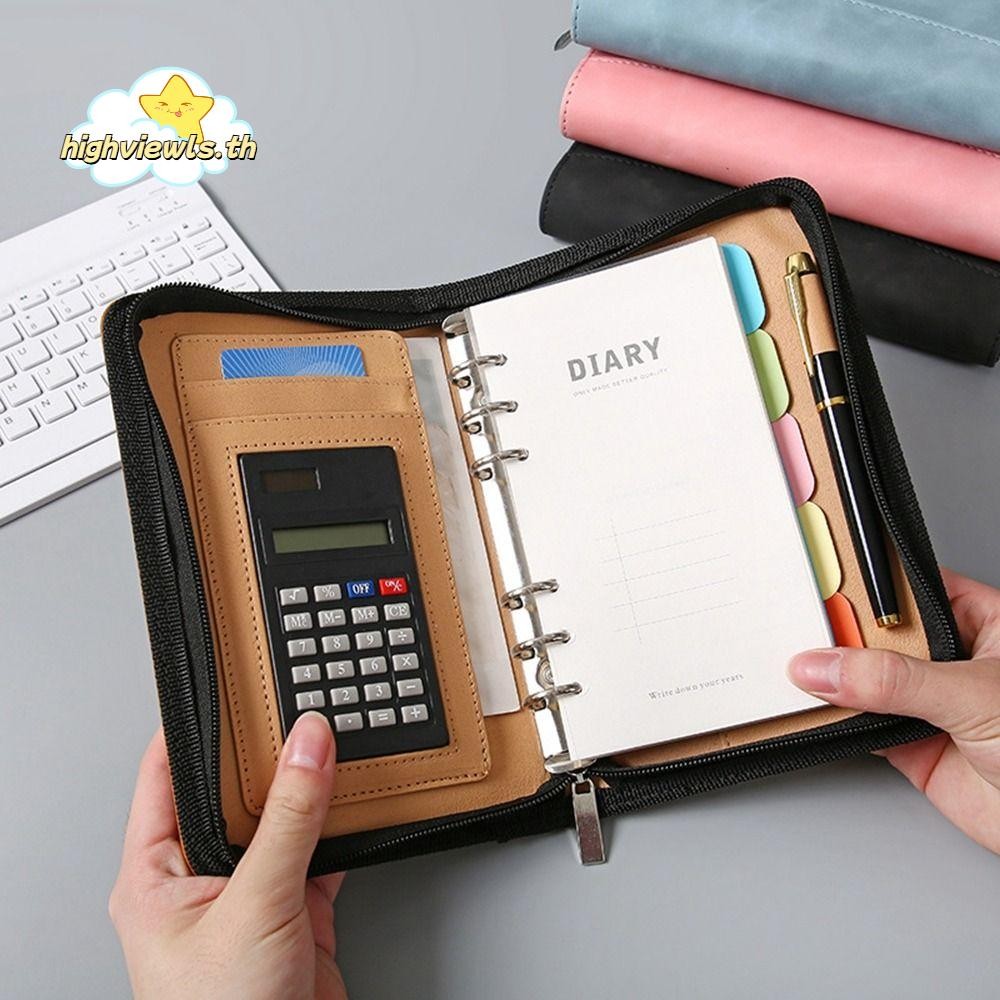 HIGHVIEWLS Business Notebook, PU Leather Folder Cover A6 Leather Notebook, With Calculator Zipper Ba