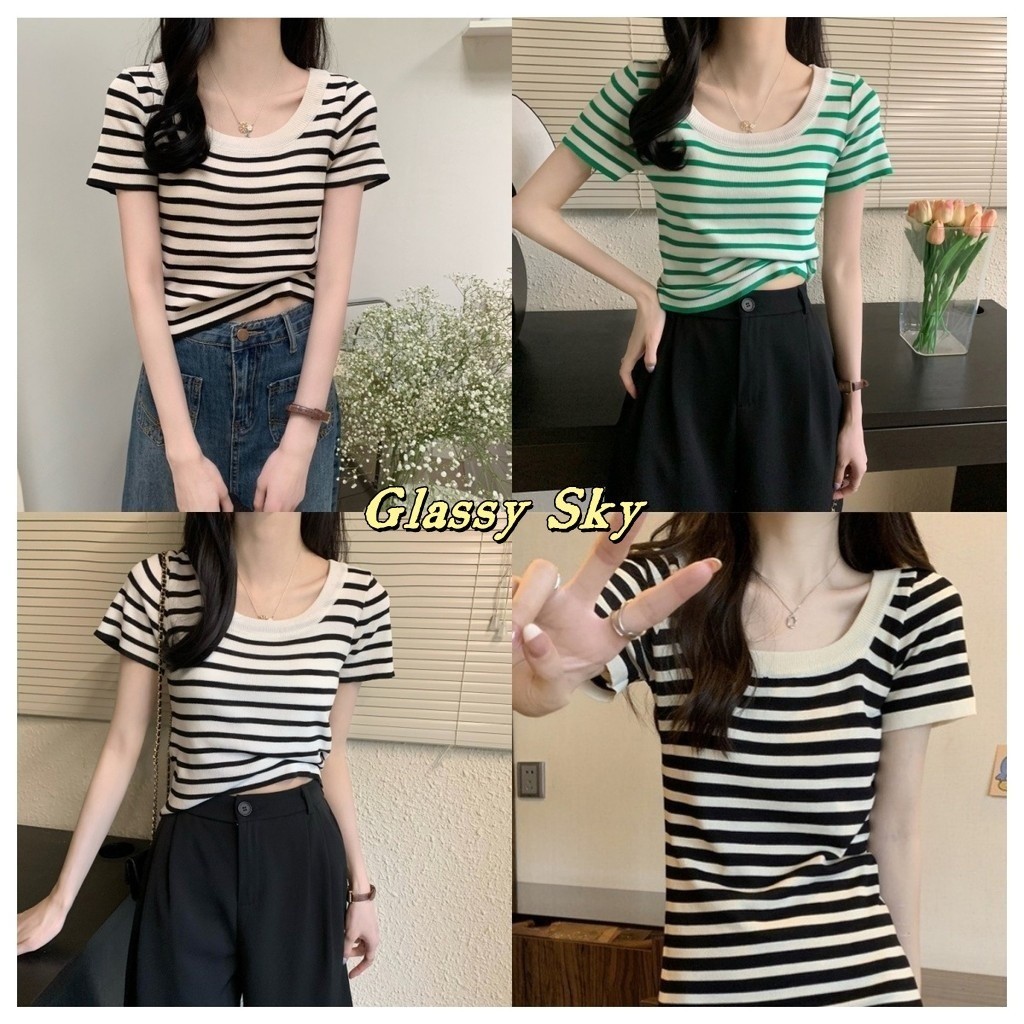 Glassy Sky 💖พร้อมส่ง💖เสื้อไหมพรมแขนสั้น คอกลม ดีเทลลายทางคิ้วๆ  นุ่มสบาย เสื้อยืดผู้หญิง88618-C