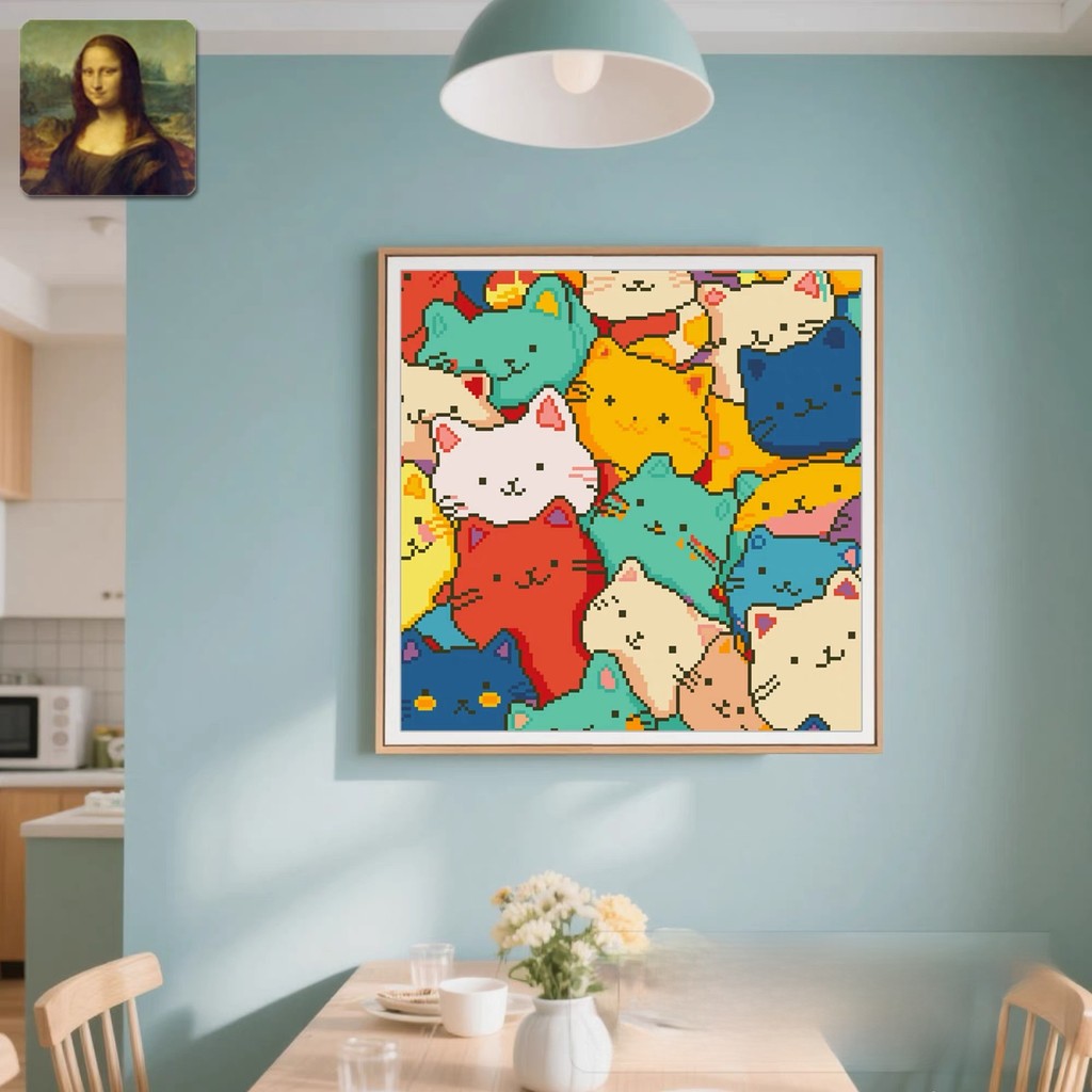 【50x50cm-11CT】ปักครอสติสเส้นน่ารักแมวอวตารเย็บปักถักร้อยมือที่เรียบง่าย