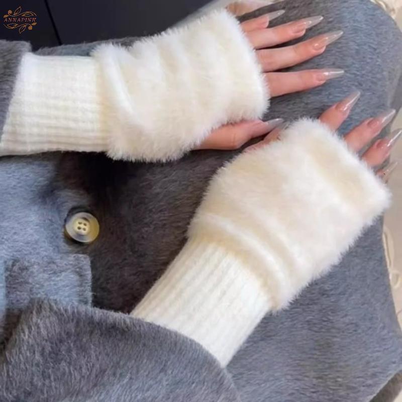 ถุงมือครึ่งนิ้วนุ่มสำหรับผู้หญิง ทำจากมัคค์เลียนแบบขนแกะ ให้อบอุ่นและหรูหราในฤดูหนาว