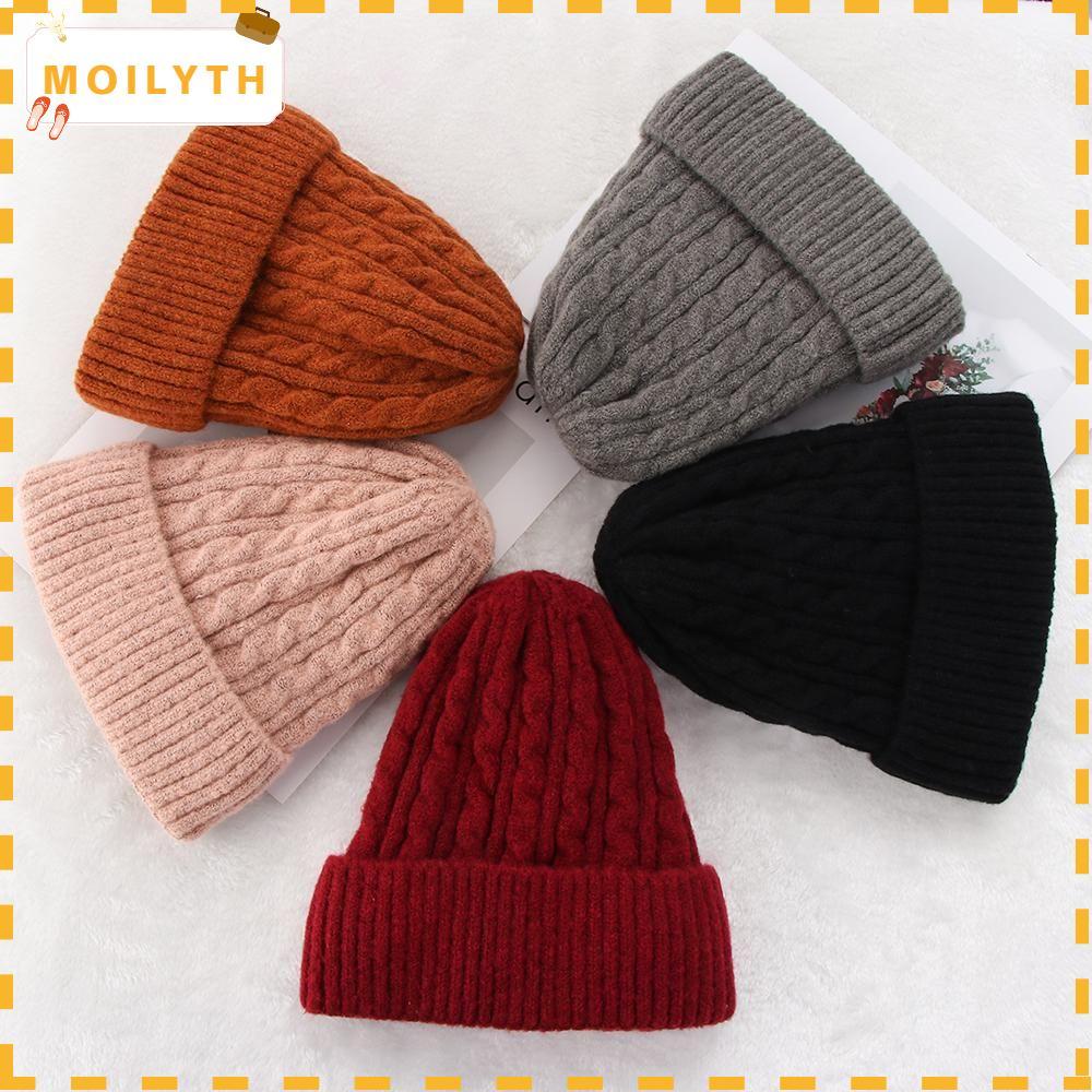 MOILYTH หมวกถักขนสัตว์แบบ Beanie สำหรับผู้หญิงและผู้ชาย สไตล์สกี นุ่มนวลสีทึบ