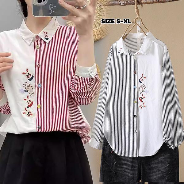 mimi&didi#เสื้อเชิ้ตแขนยาวสีแดง เสื้อเชิ้ตลายทางปักลายกระต่ายการ์ตูนไซส์ใหญ่ แขนยาว มีปก กระดุมหลากสี สำหรับผู้หญิง#W664