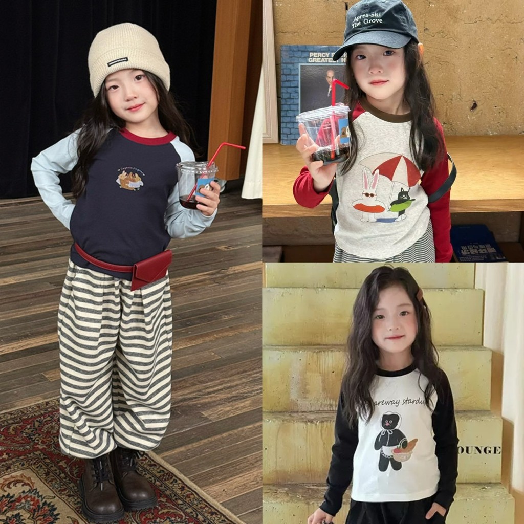 PRETTY BABY เสื้อแขนยาวเด็ก เสื้อยืดแขนยาว ทรงเข้ารูป ลายน้องสัตว์ แฟชั่นเด็ก (1830)