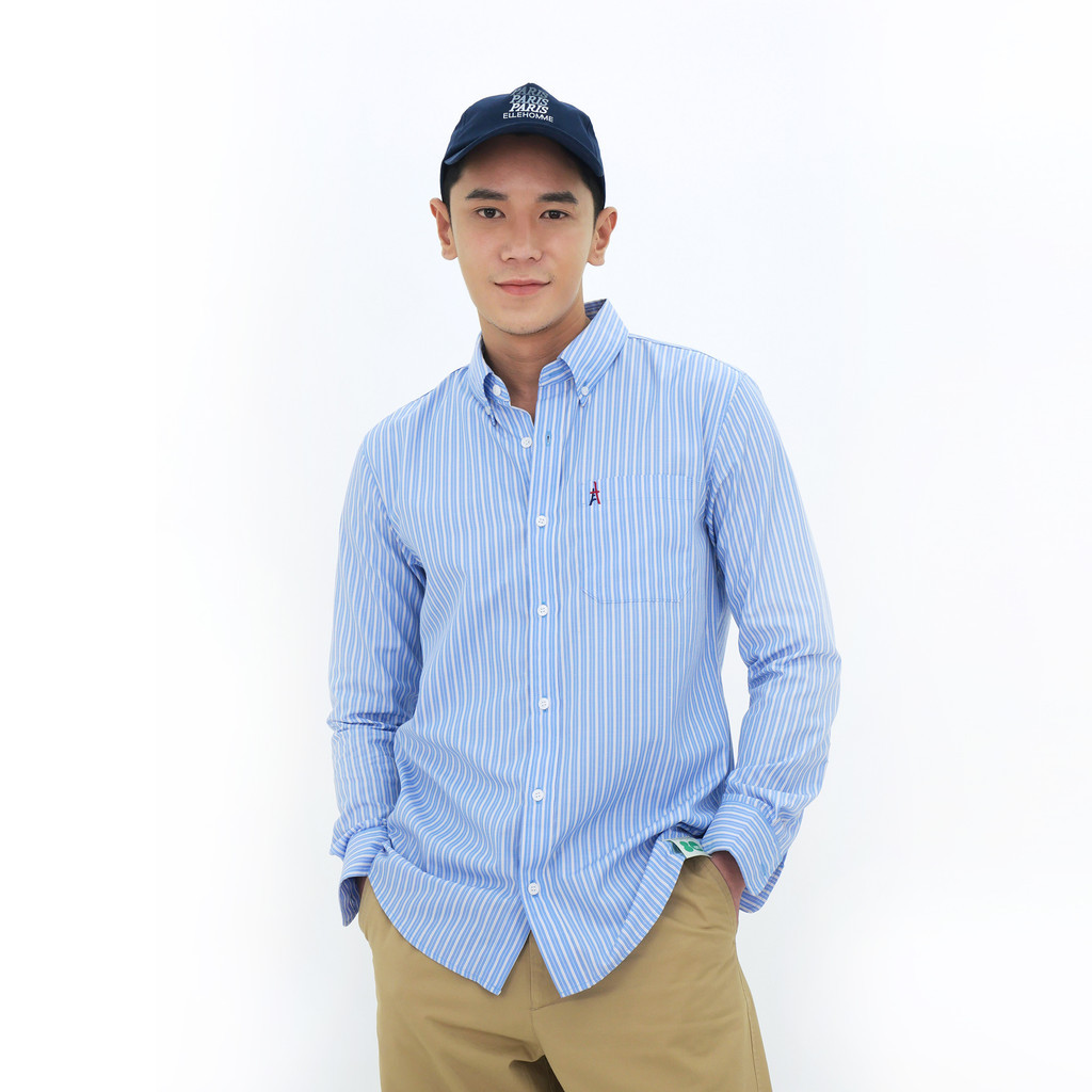 ELLE HOMME เสื้อเชิ้ตแขนยาว ลายริ้ว ชายโค้ง รุ่น W8B683