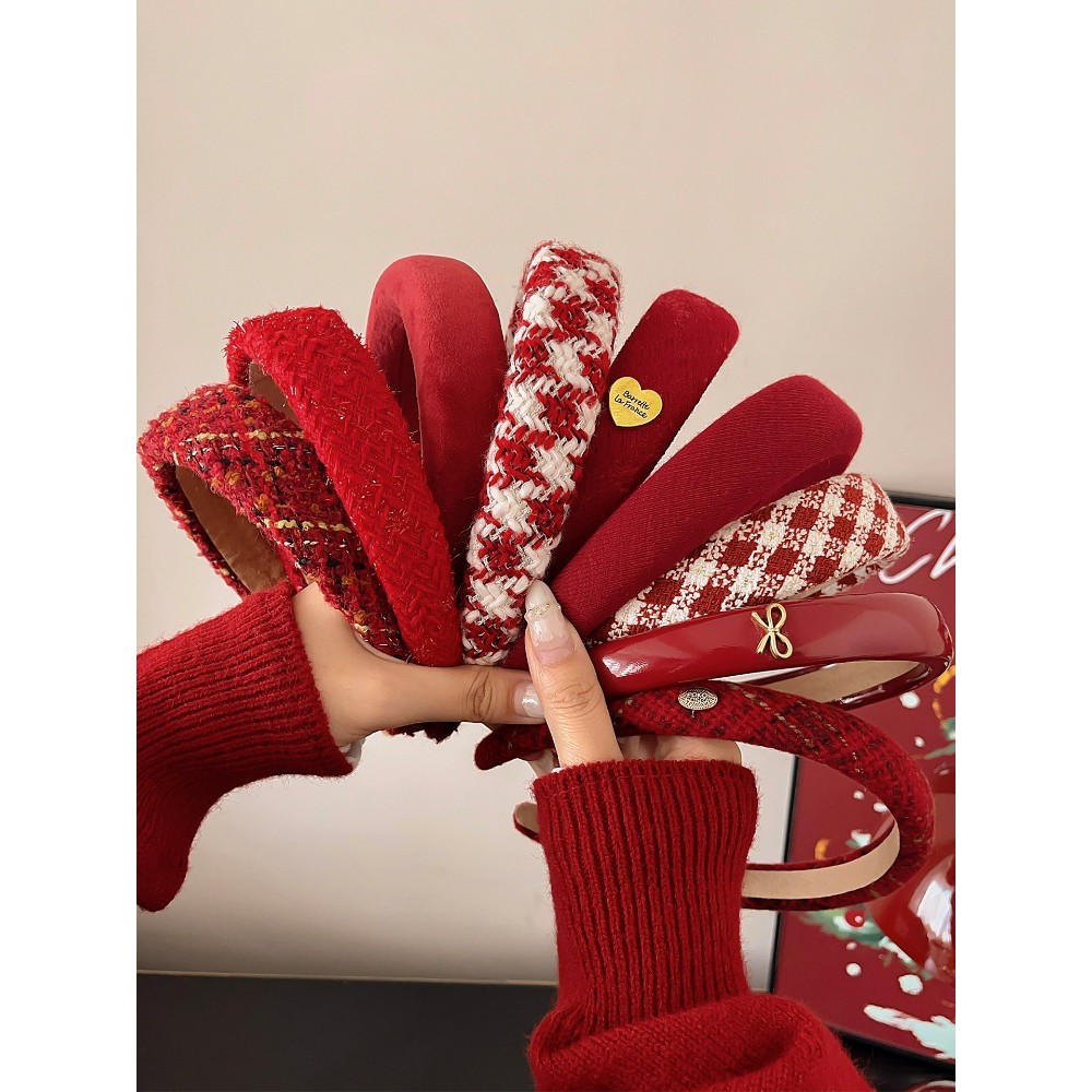 ที่คาดผมทรงสูงสีแดง สำหรับฤดูใบไม้ร่วงและฤดูหนาว กํามะหยี่ พร้อมปีกกว้าง เสริมความสวยงาม