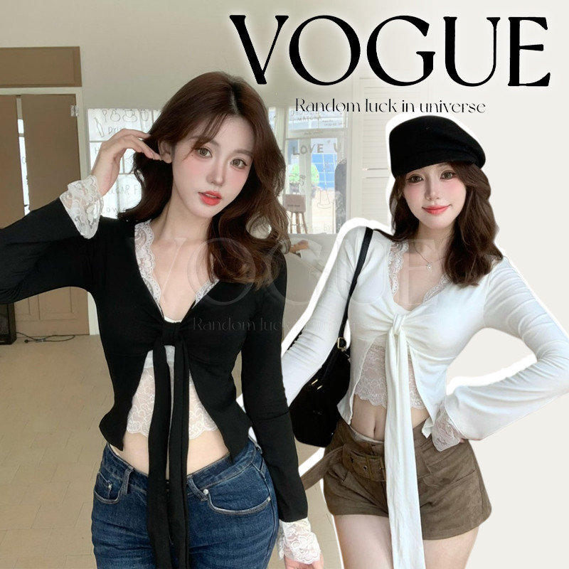 Vogue🌟พร้อมส่ง🌟 เสื้อยืดแขนยาว คริปสั้น ดีเทลคอวี แต่งลูกไม้เสริมฟองน้ำในตัว (FY5595)