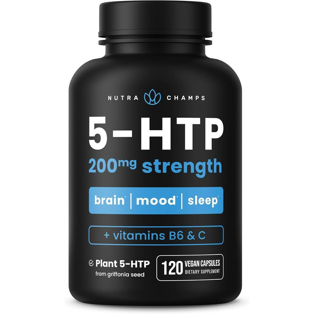 NutraChamps 5-HTP 200mg, 120 แคปซูลมังสวิรัติ, 5HTP 100mg Plus Co-Factors Vitamin B6 & Vitamin C