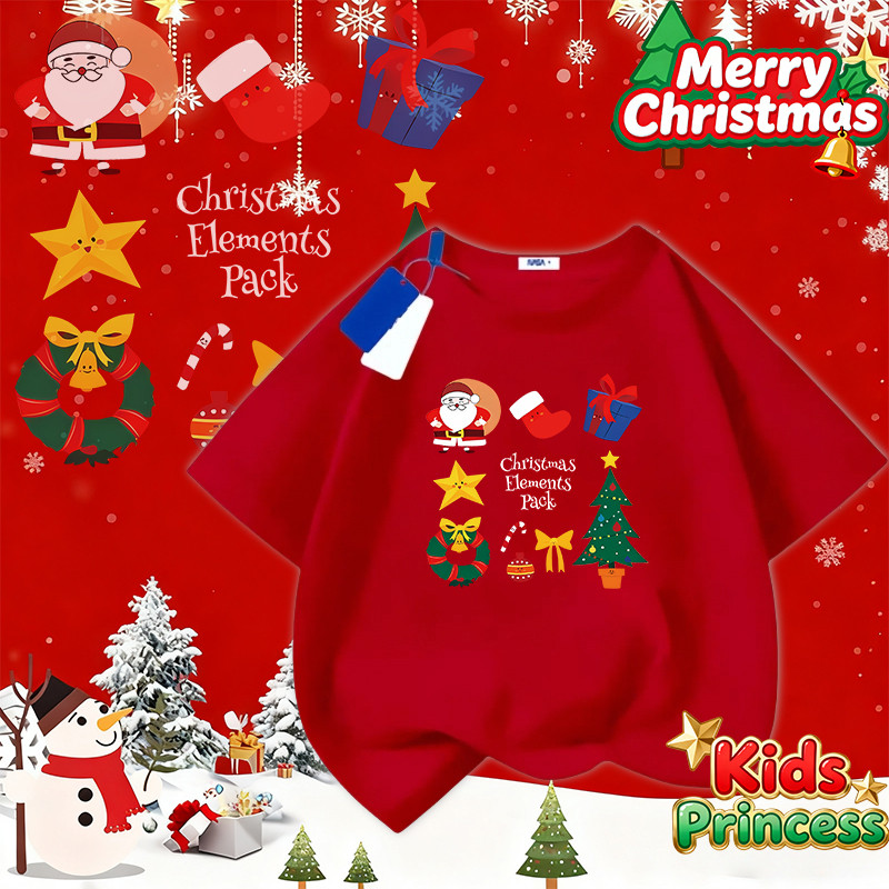 (จัดส่งตลอด 24 ชั่วโมง) สินค้าใหม่ เทศกาลคริสต์มาส เสื้อทีมงานปาร์ตี้ เสื้อสีแดง 2026 kids คอกลม Christmas t-shirt M80
