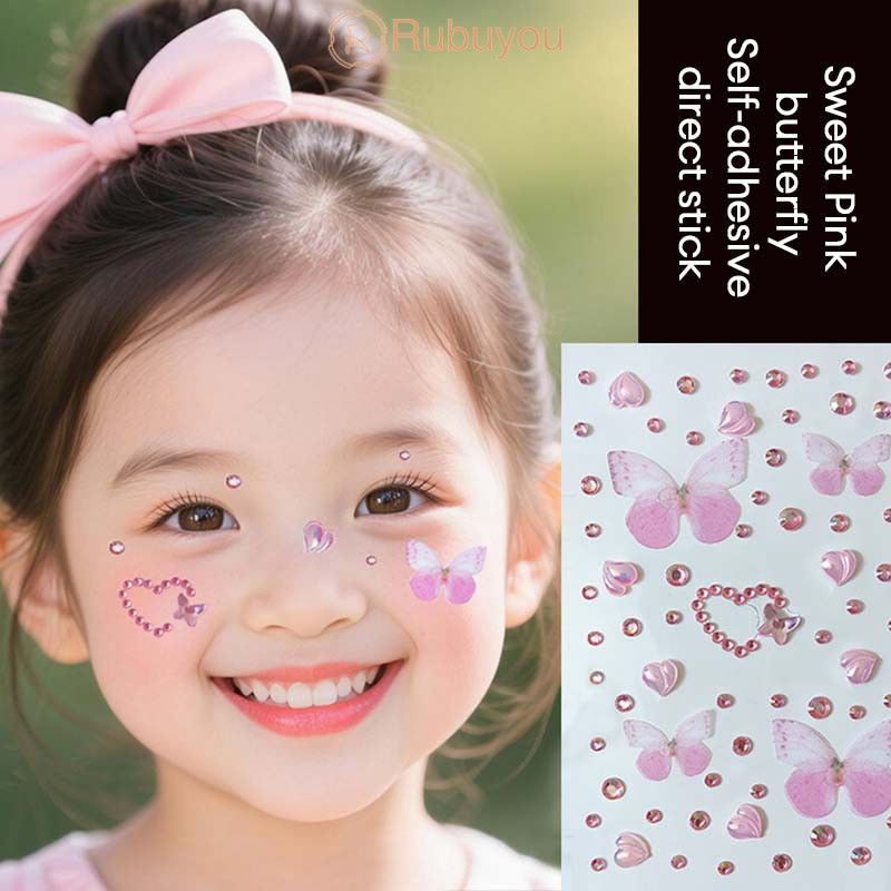 Rubuyou สติกเกอร์ติดหน้ารูปผีเสื้อและดอกไม้สำหรับเด็ก สำหรับการแสดงบนเวที สติกเกอร์แต่งหน้าแบบมีประกายระยิบระยับ-COD💕
