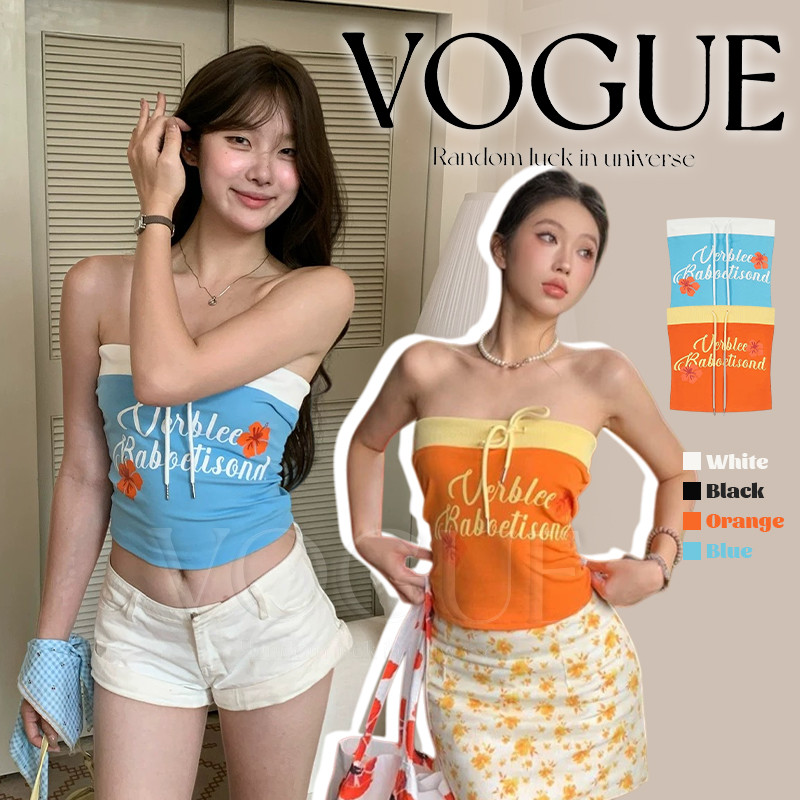 Vogue🌟พร้อมส่ง🌟เสื้อเกาะอก สีสดใส ลายดอกไม้ เสริมฟองน้ำทรงรัดรูป (FY3583)