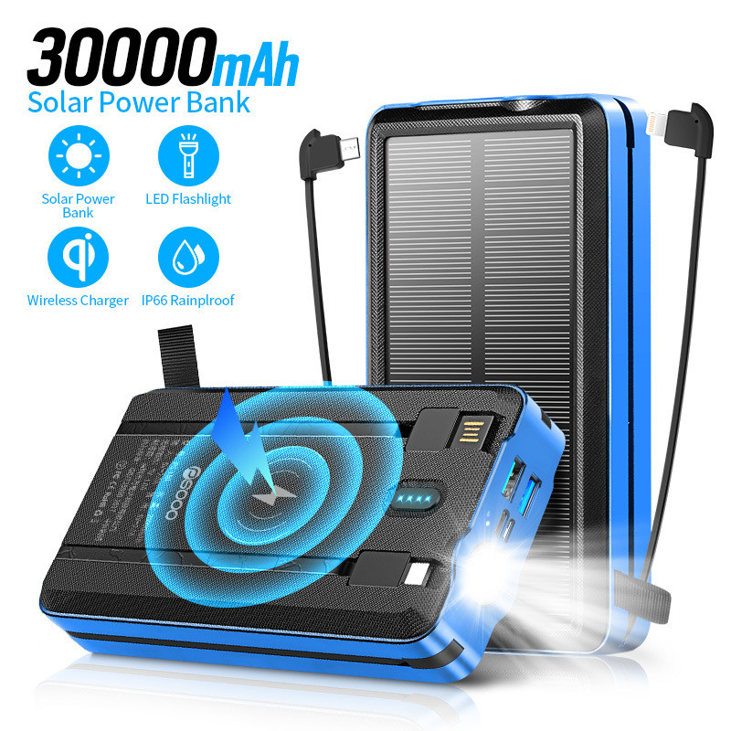 แบตสำรอง 30000mAh 4-in-1 ชาร์จเร็วไร้สายพลังงานแสงอาทิตย์ UL/CE