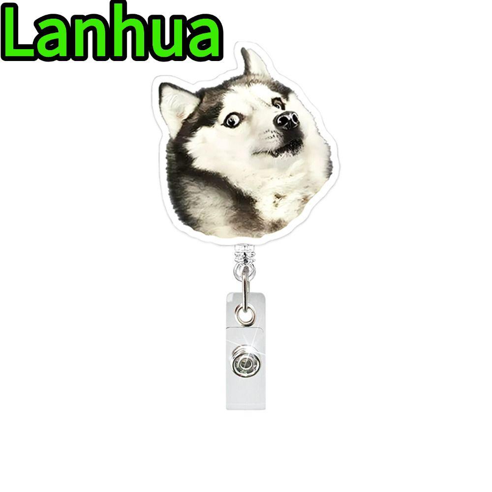 LANHUA พวงกุญแจสุนัข, Retractable Lanyard Memes Badge Reels, ตลกอะคริลิคสุนัข Memes Series ชื่อแท็กผ