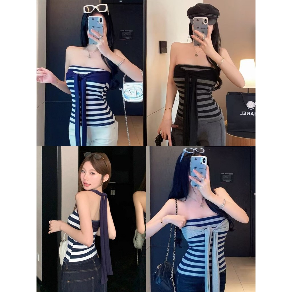 Bonnie เสื้อเกาะอกลายทาง ดีเทลเสริมฟองน้ำในตัว ทรงรัดรูป เสื้อแขนกุด สไตล์เกาหลี แฟชั่น ของผู้หญิง – โปรปัง