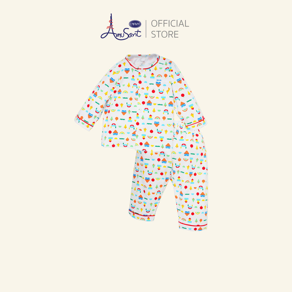 AMUSANT ชุดนอนเด็กโต ลายบล็อคไม้ตัวต่อ 1-8ขวบ