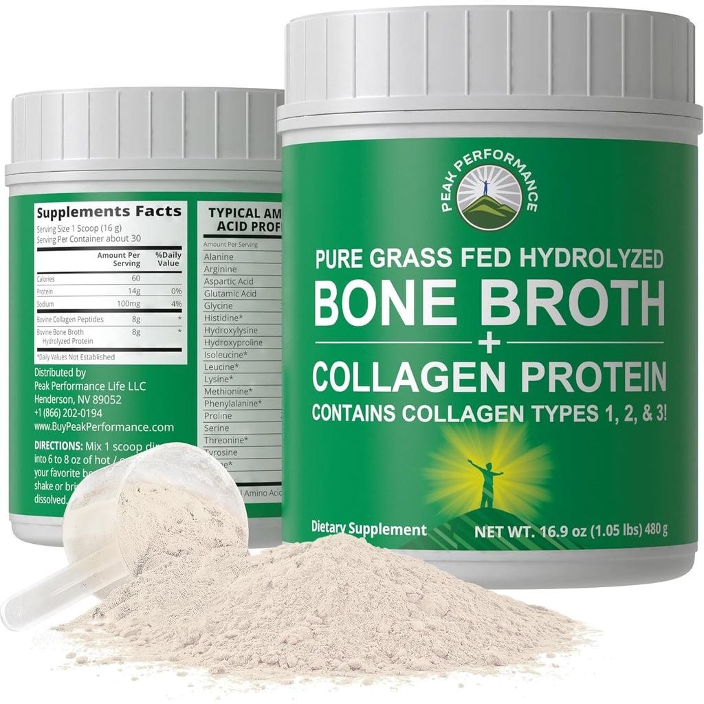Peak Performance Hydrolyzed Bone Broth and Collagen Unflavour Protein Peptides Powder มีคอลลาเจนทุกป